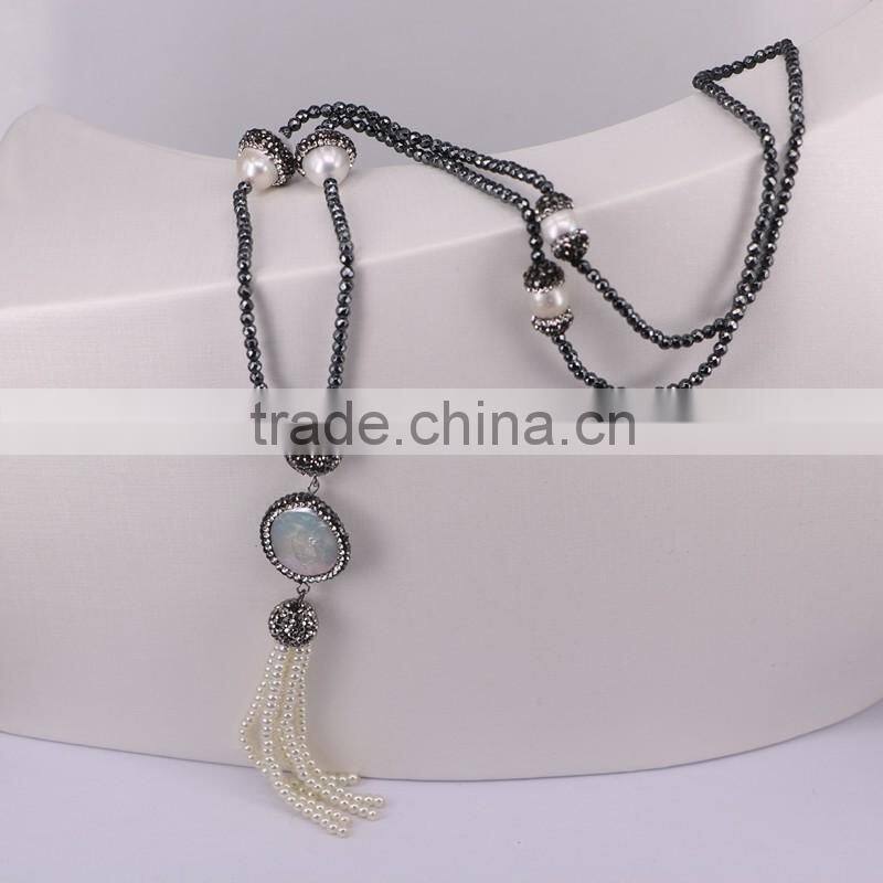 Charm Pearl Gemstone Beads Tassel Necklace, with 3mm Mini Black Hematite Beads Necklace,