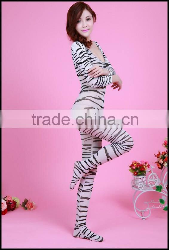CK06302x sexy lace transparent long-sleeved zebra lingeries bodystocking