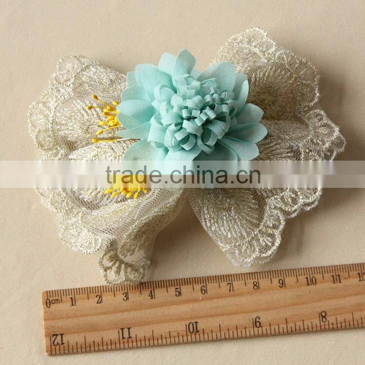 MYLOVE light blue chiffon flower big lace bow hair accessory