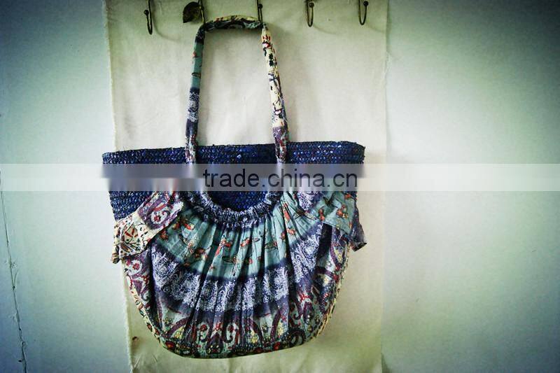 wheat straw women tote bag with beach pattern country style woven bag