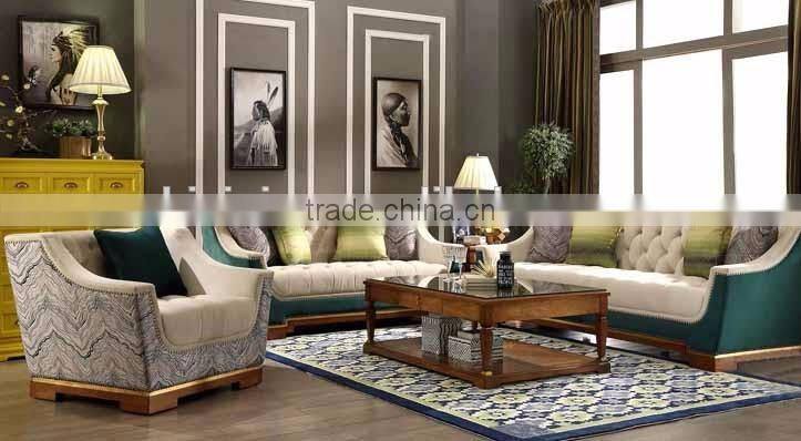 American concise design solid wood frame fabric seat genuine leather back living room sofa set