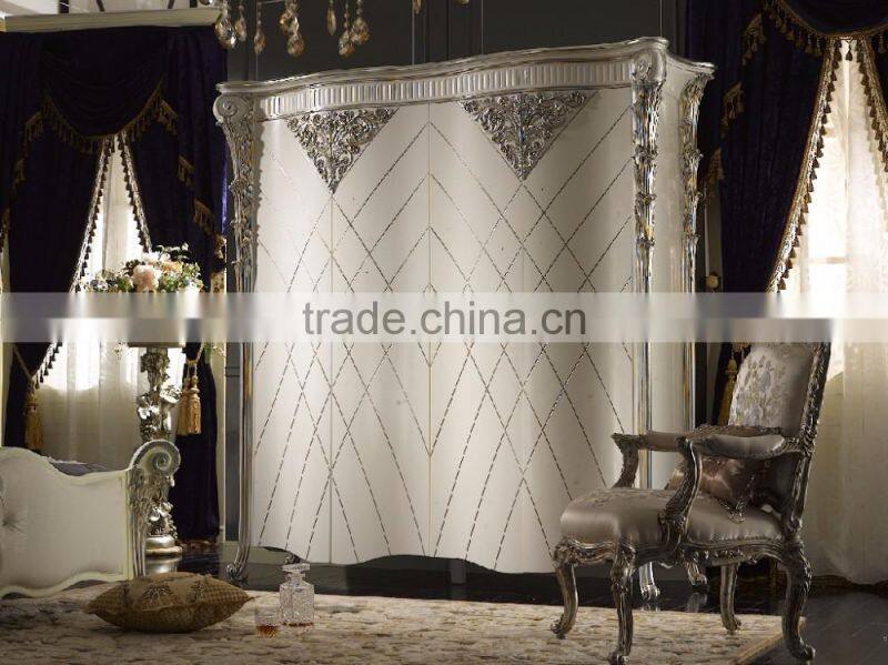Ancient Rome Style Luxury Designed Four Doors Wardrobe, Exquisite Fine Carved Silver Flower and Leave Decorated Wardrobe