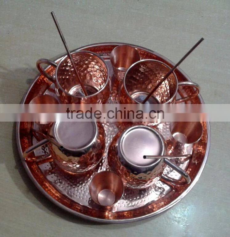 100% COPPERTISAN BARREL HAMMERED DRINKING MUG FOR MOSCOW MULE WITH COPPER PLATTER