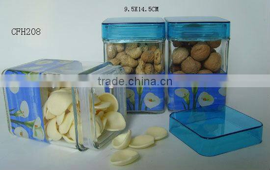 square blue plastic lid glass cookie jar
