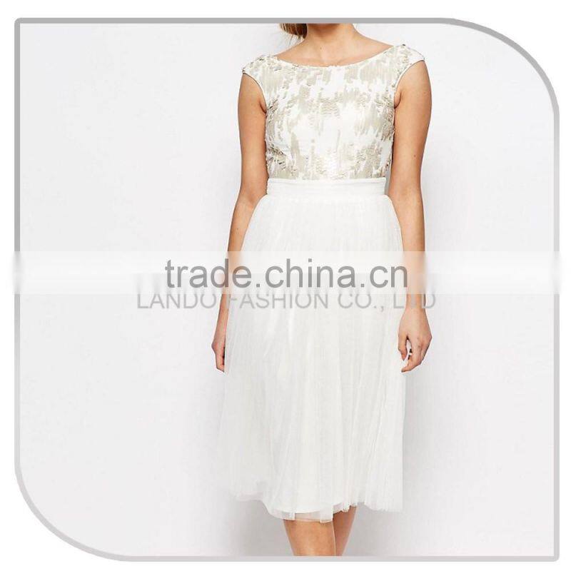 Customized New fashion cap sleeve free prom one piece dress sequin stitching double layer chiffon dress