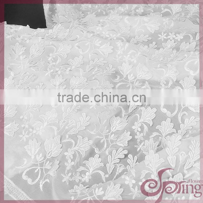 White floral chiffon lace embroidery fabric, fashion applique designs lace