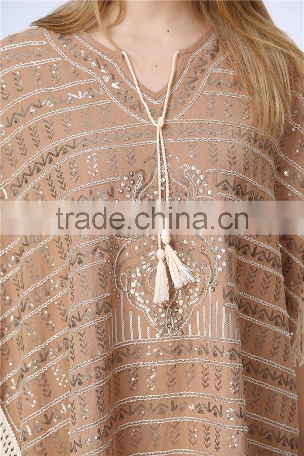New Arrival Ladies Fashion Design Elegant Winter/Autumn Tan Colour Dolman/ Cape/Shawl Coat With Fringing and Beading for women