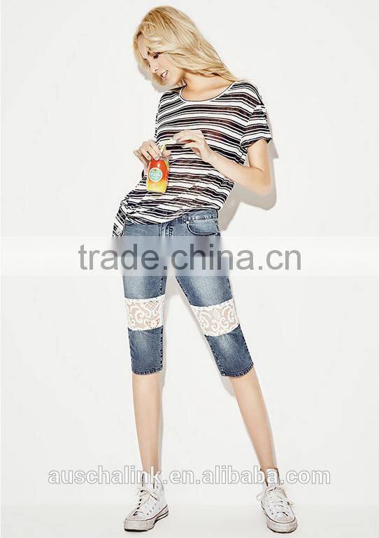 european style popular fashion denim capri lace jeans customized