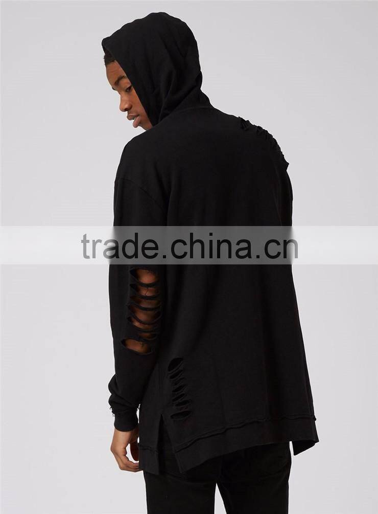 Plain Black Extreme Ripped Oversized Longline Distressed Hoodie Split Side Drawstrings Blank Sweatshirt Men
