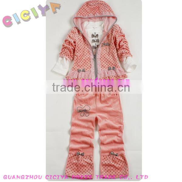 Girl bowknot designed velvet pajama 3pcs set(hoody jacket+hoody long sleeve high collar tshirt+long pants)