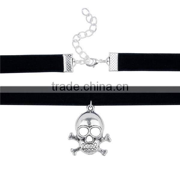 Custom Antique Silver Black Skull Velveteen Halloween Choker Necklace