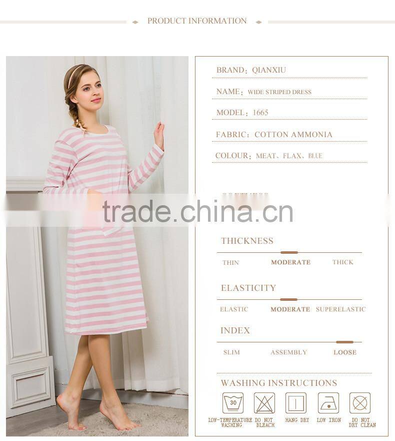 2017 Best Qianxiu Autumn Inner Home Women Lady Girl Cotton Long Sleeved Strip Chinese Women Nightgown
