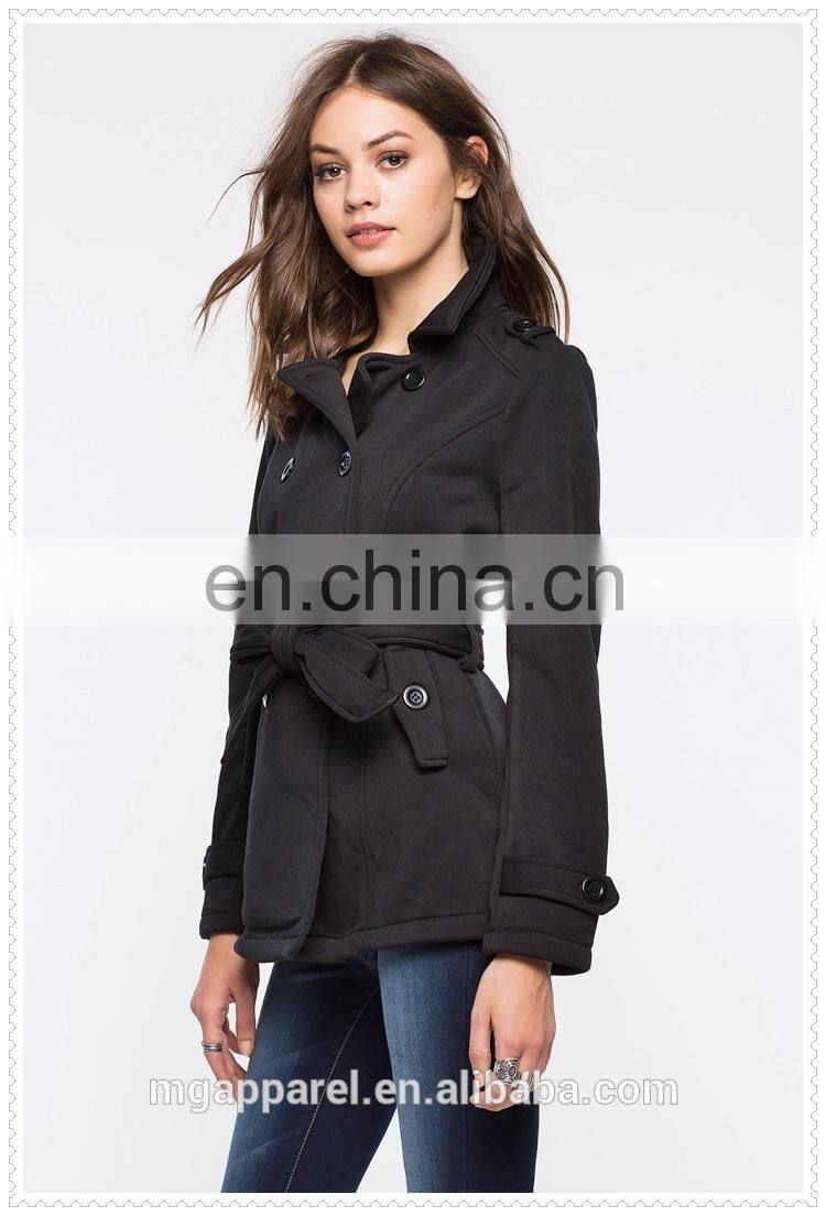 china OEM fashion women clothes notch collar belted long fleece lined winter coat