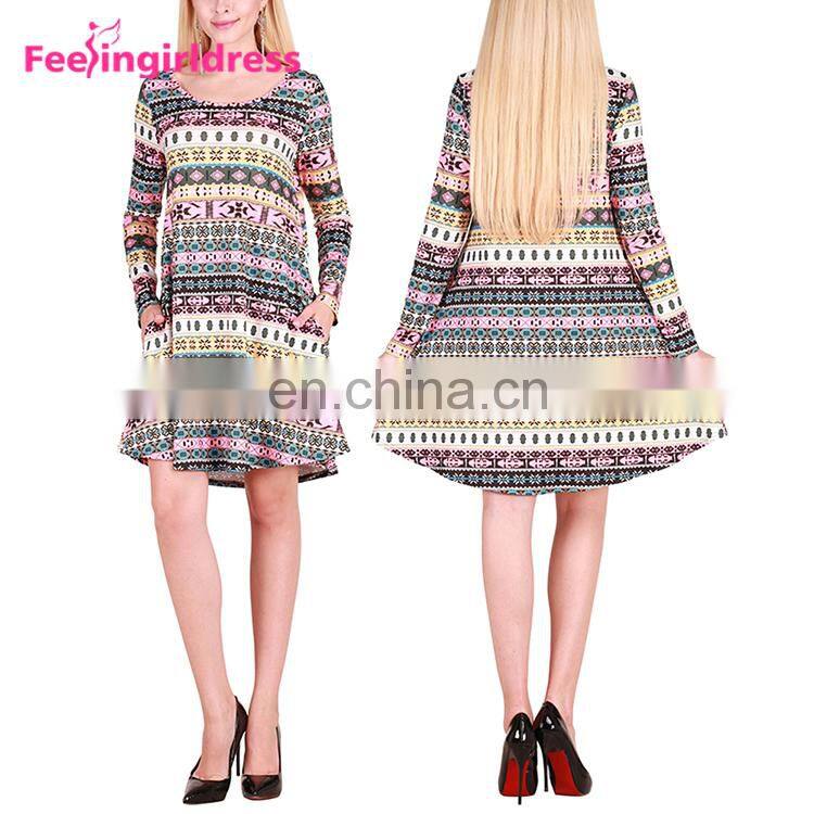 Free Samples Black Print Long Sleeve One Piece Dress Of Knee Length Casual Dress