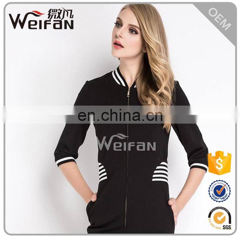 2016Half Sleeve Zipper Slim Women One-Piece Dress Black And White Striped Ladies Jacket Evening Dresses