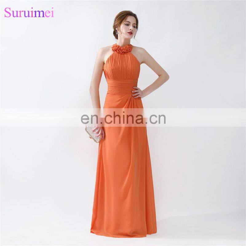 Orange Bridesmaid Dresses Floor Length Pleated Peach Color Chiffon On Sale Halter Bridesmaid Dresses