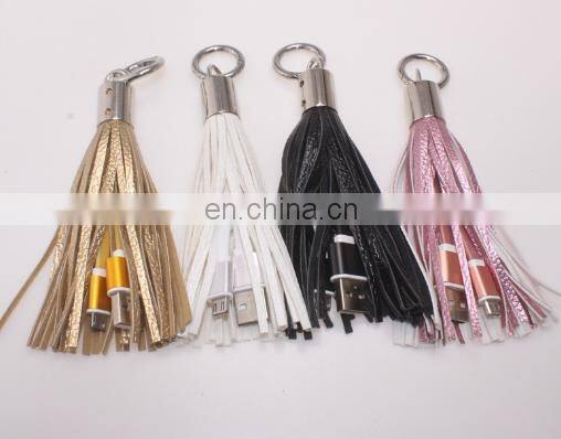 Cheap wholesale Leather tassels keychain with USB wire