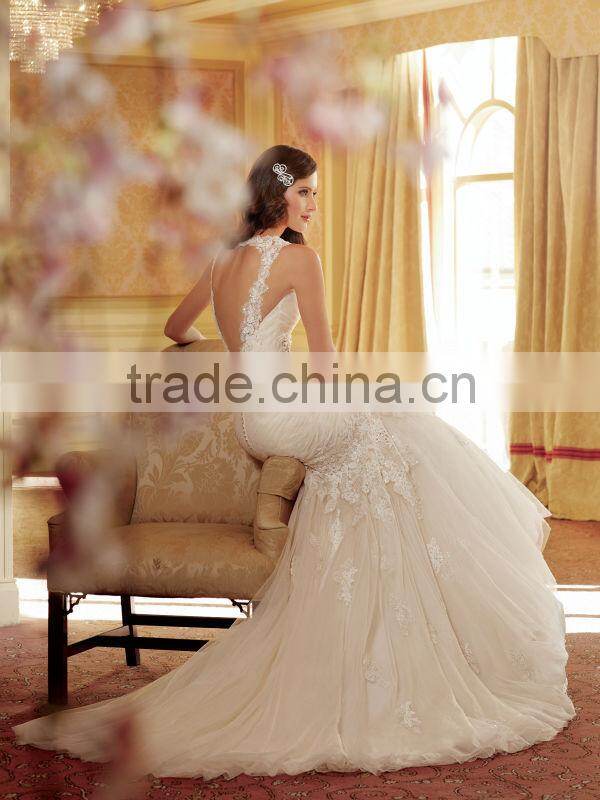 New Arrival Charming Draped Tulle Low V-back Mermaid Wedding Dress