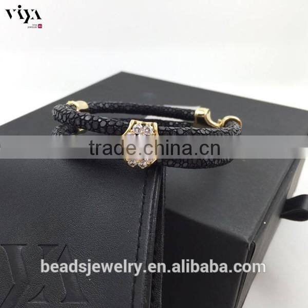 2016 Wholesale Luxury Stingray/ Python Leather Silver Bracelet With Rose Gold Clasps White Diamond