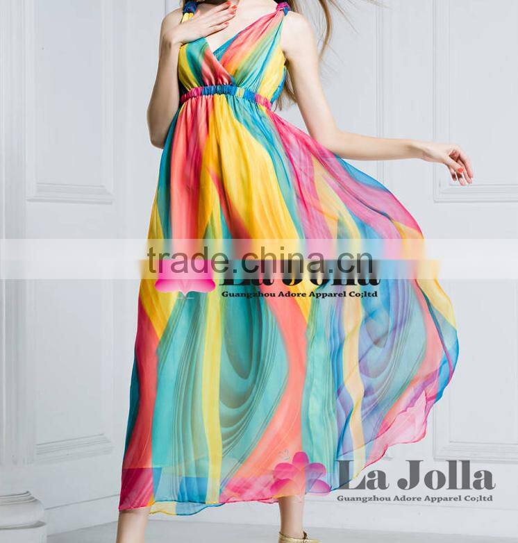 2016 Beautiful colorful Lady casual One-piece Dress Women Long beach party kaftan Chiffon New Style gown