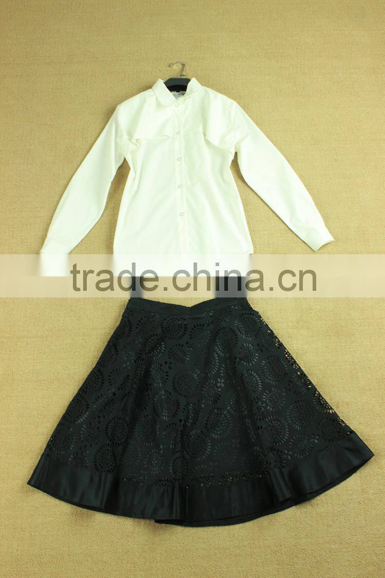 New fashion dress runway western style 2014 long white shirt+hollow out skirt fashion women dress wholesale L17072