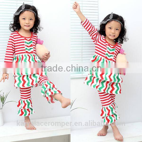 Lovely Girl Boutique Stripe Long Sleeve Baby Ruffle Top and Pant Outfits Wholesale Children Clothing Set 2016