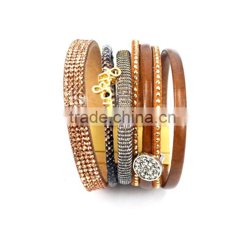 Fashion Lucky Letters DIY Diamond Rhinestones Tassel Multi-Layer Wide Leather Bracelet