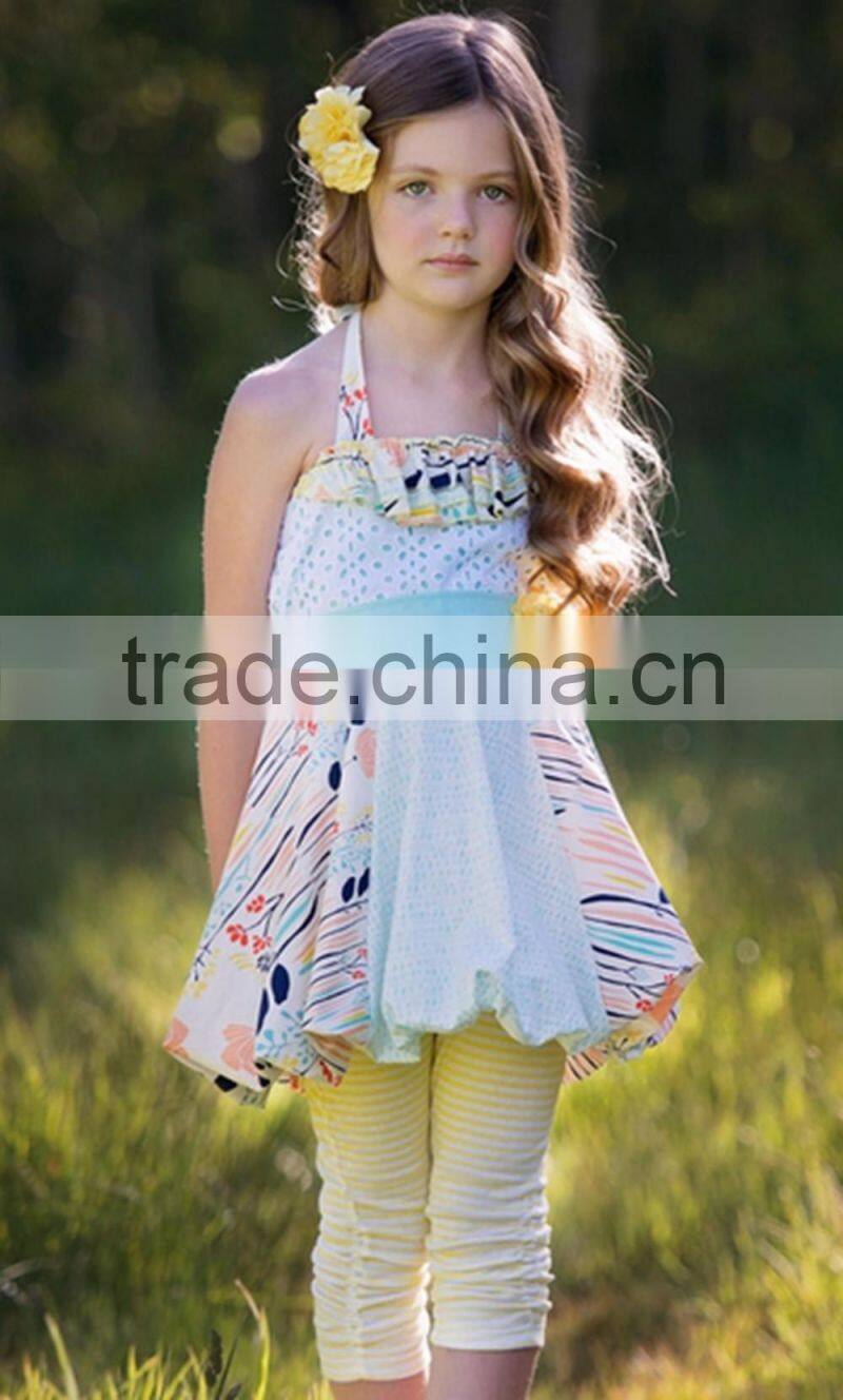 Wholesale long sleeve chevron floral dress matching lace ruffle pants baby girls clothing sets
