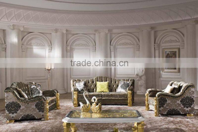 2015 european italian new classic gold foil solid wood arms fabric sofa set AL038