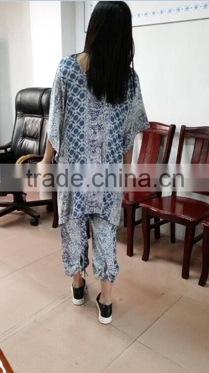 2016 Newest Beach suit clothing Designs , printed blouse top with printed trousers pant.