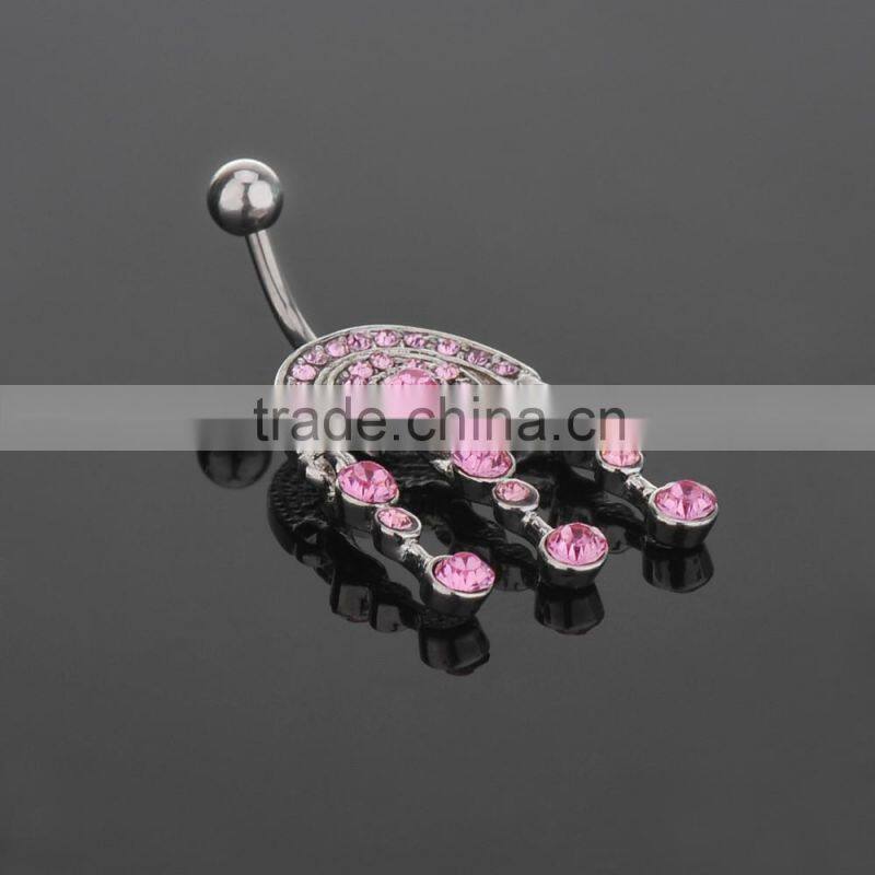 Multi Pink Gems Paved Arch Top Charms Round Dangle Belly Button Naval Ring.