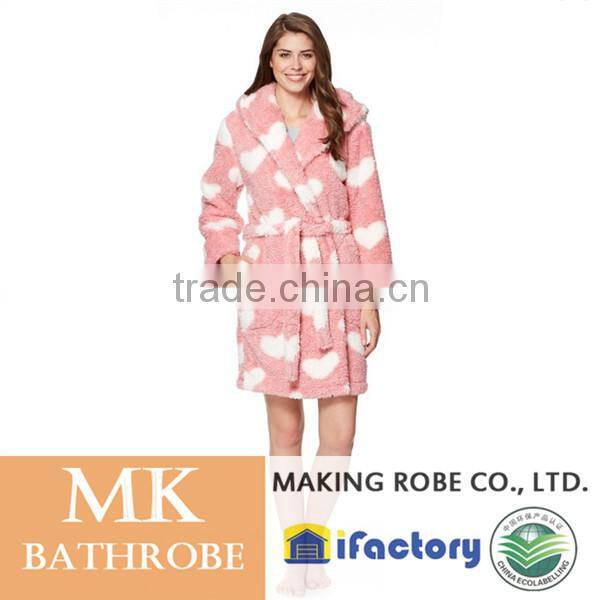Pink heart print hooded fleece dressing gown