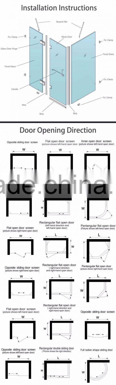 Top Grade French Style Custom Frameless Hinge Glass Shower Door