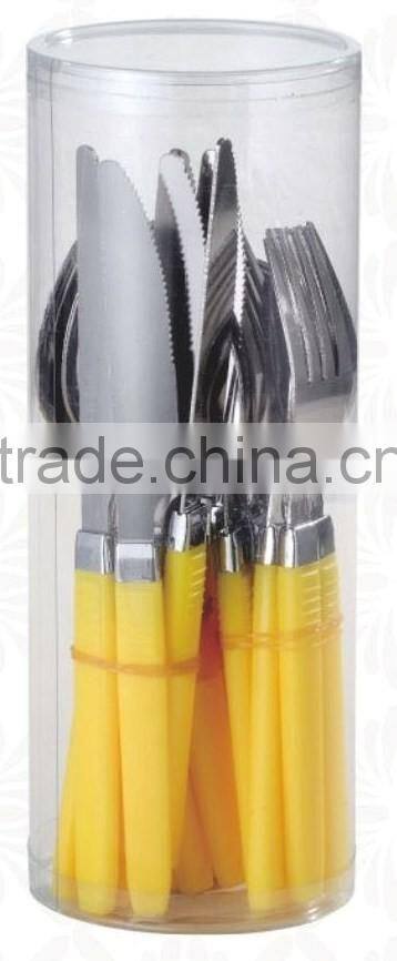 stainless steel flatware, with plastic handle,