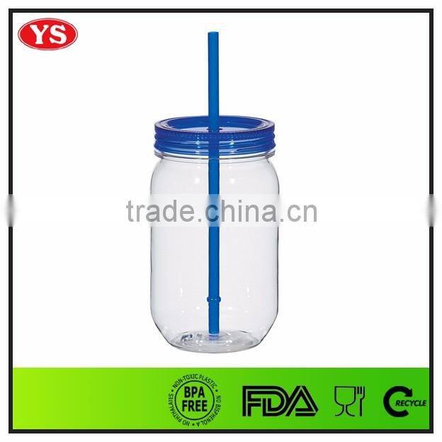540ml food grade single wall plastic drinking jar with lid and straw