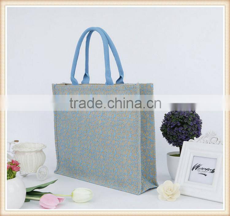 2015 new design jute shopping bag with lace cover