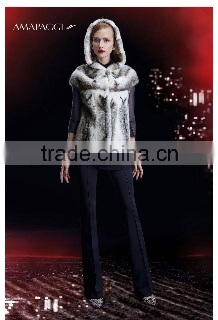 regular length winter women black cross mink fur coat with hat