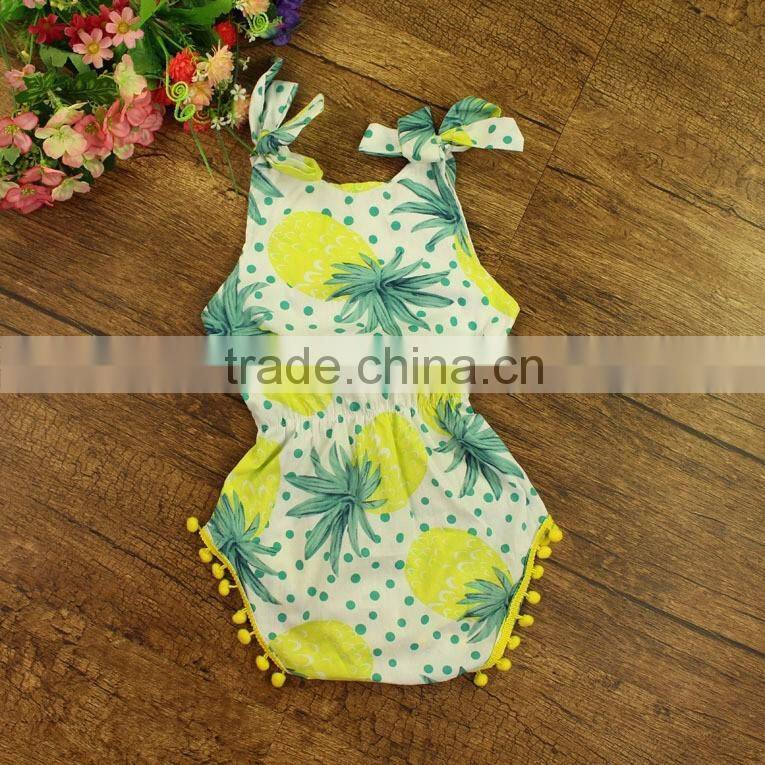 100% cotton toddler girl summer fruit print pom pom floral baby clothes romper first birthday pom girls jumpsuit