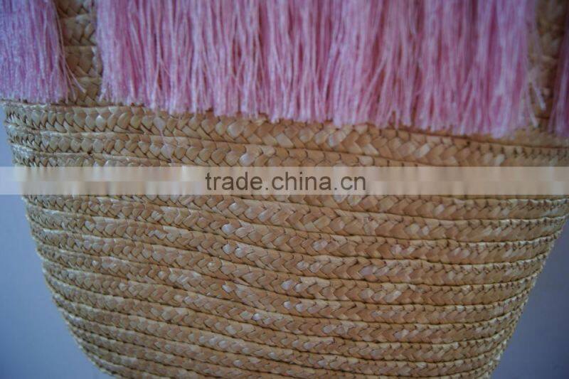 new style! wheat straw women handbag with stripe lining PU handle and tassels