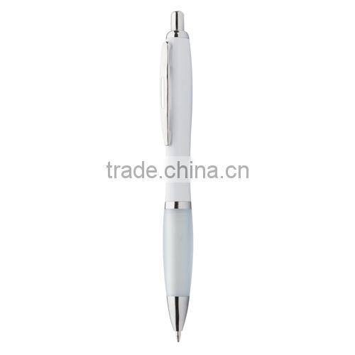 Popular white promotional pen with coloured rubber grip ans shiny chrome parts