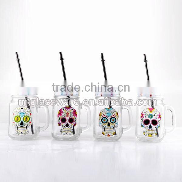 16oz Halloween Theme Skull Decal Glass Mason Jar with Handle