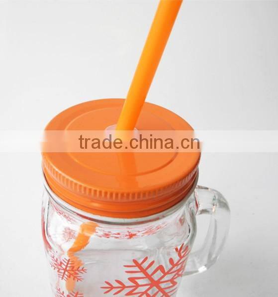 hot sale snowflake surface handling glass cold drink jar with straw