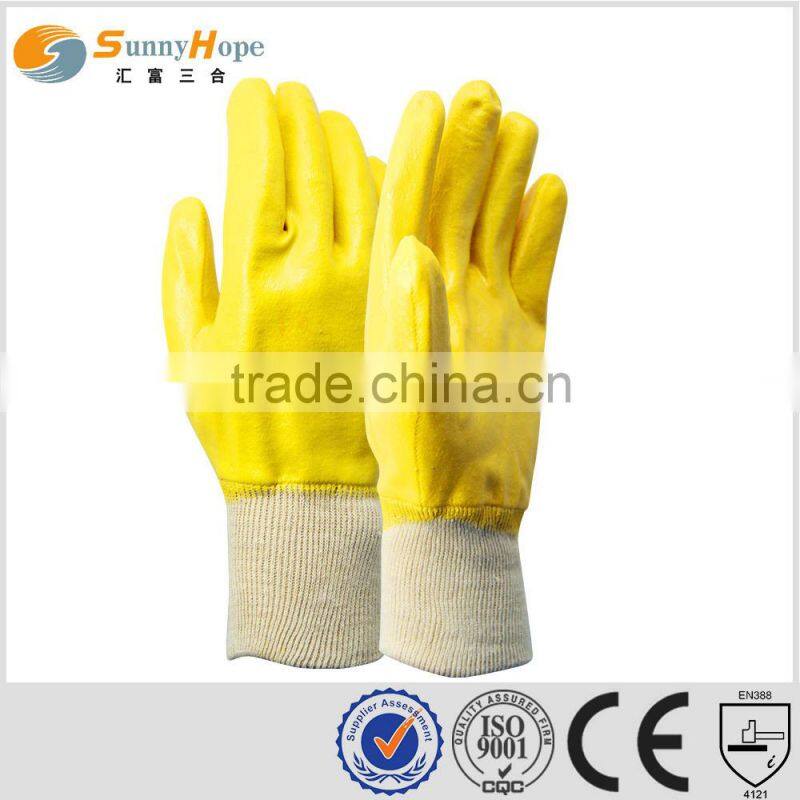 Sunnyhope full coated yellow nitrile knit wrist industrial gloves