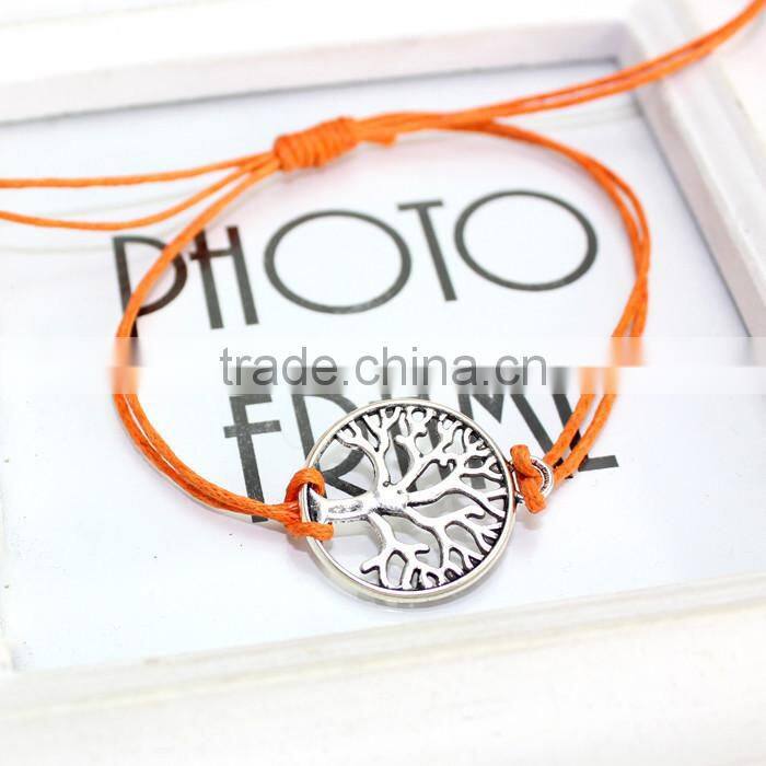 antique silver hollow tree of life charm bracelet customized charm wax cord bracelet cheap personalzied bracelet for promotion