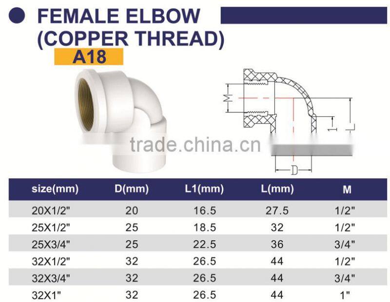 HIGH QUANLITY FEMALE ELBOW COPPER THREAD OF PVC GB STANDARD PIPES & FITTINGS FOR WATER SUPPLY