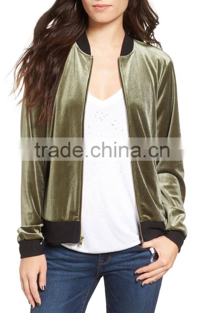 Women Winter Spring Fashion Clothing Wholesale Custom Logo Lightweight Jacket Stylish Baseball Green Velvet Bomber Jacket