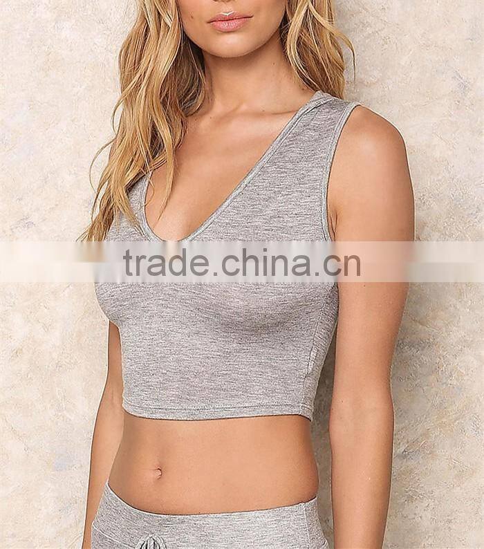 Latest top designs for women soft sleeveless hoodie crop top HST3787