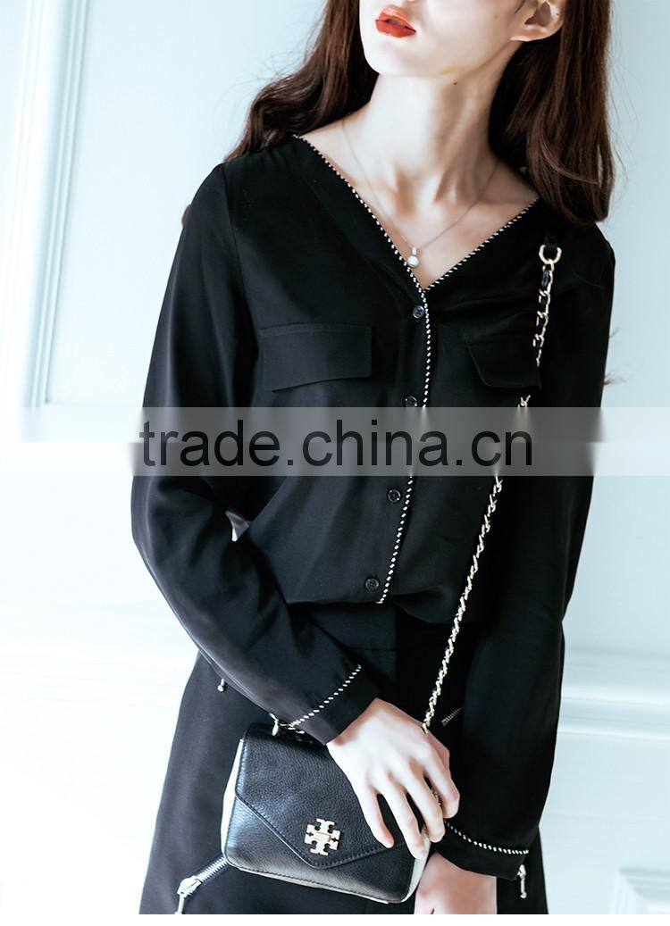 SZXX Tops Fashion Womens Lady Black Wide Collar Casual Blouse