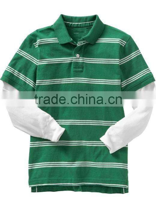 BOYS STRIPED LONG SLEEVE POLO T SHIRT WITH CONTRAST LAYER SLEEVES