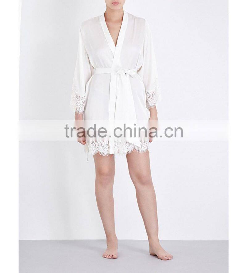 Customize ladies luxury silk satin knee length robe, sexy lace trim long sleeve kimono robe,